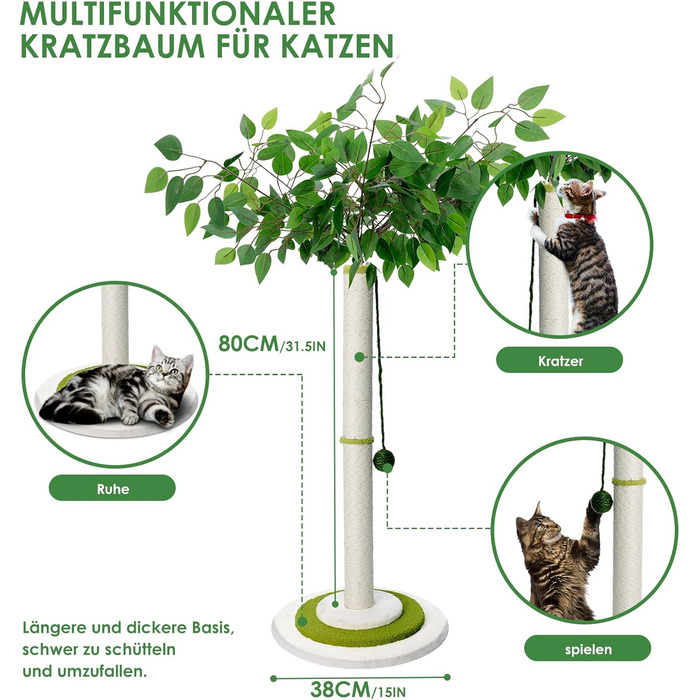Zvonema Kratzbaum-Kratzstamm Scratching Post with 80 cm Height for Small and Large Cats, Sisal Rope Cat Scratching Post with 1 Interactive Ball, Scratching Pole Cat Furniture, for Indoor Activity, Play