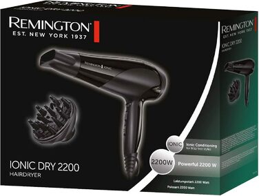Фен Remington D3198 з іонізацією, чорний (2200W) з насадкою-дифузором та насадкою для укладки, 3 режими нагріву, 2 режими обдування + режим охолодження