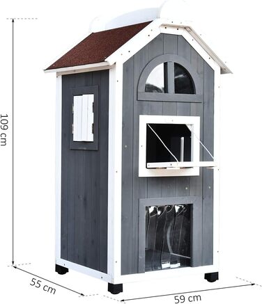Будинок для котів PawHut на вулицю, 2-поверховий, з теневого дерева, сірий, 59 x 55 x 109 см