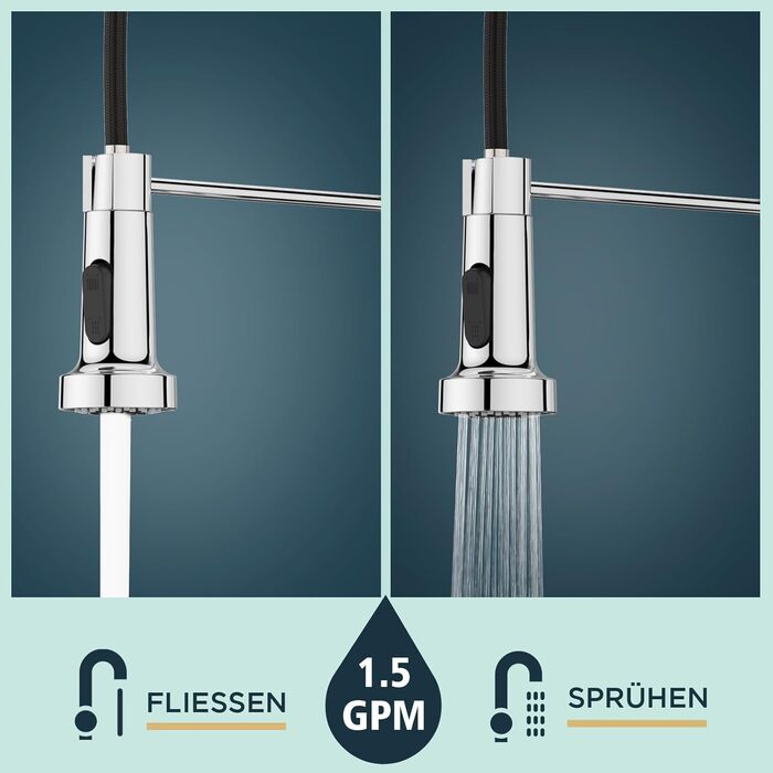 Змішувач кухонний FORIOUS висувний з душем, однорідний, 360° обертання, хром, з витяжкою