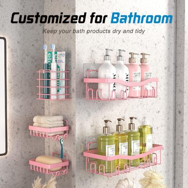 Self-adhesive shower shelf, no drilling required, bathroom organizer, 5 pieces, stainless steel shelves with soap holder and toothbrush holder, pink bathroom accessory decor set