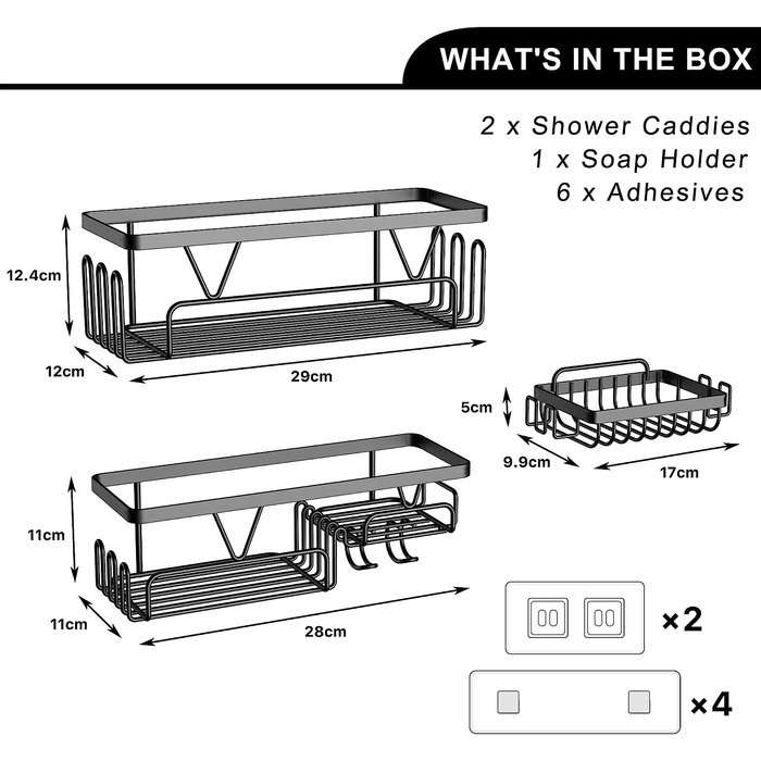 KEGII Adhesive Shower Shelf - 3 Pieces, Black