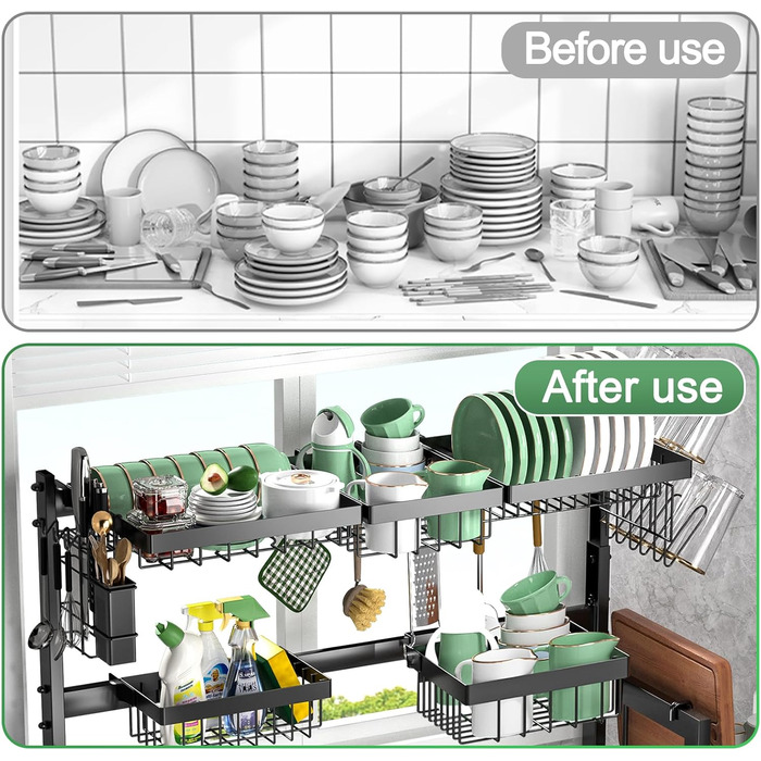 Регульована сушилка для посуду на 2 яруси, 66-85 см, чорна, з 4 кошиками для столових приборів та тримачем для напоїв