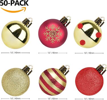 Новорічні кулі для ялинки, 50 шт. 3/4/6 см, з глітером, червоно-золоті. Пластикові прикраси для ялинки