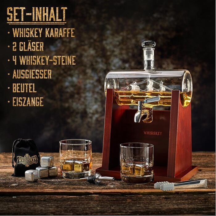 Carafe Set - Whiskey Gift Set - Gifts for Men - Men's Gifts Gift - Birthday Gift for Men - Ship Decanter 1100ML, Gift Box, 2 Whiskey Glasses, 4 Whiskey Stones