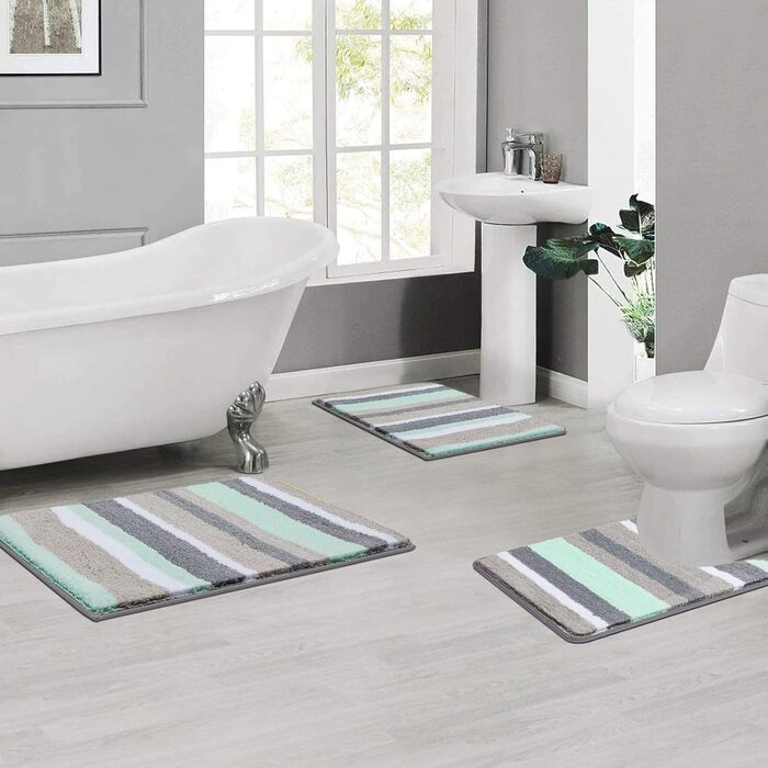 Pauwer Microfiber Bath Mat Set - 3 Piece Non-Slip Absorbent Bathroom Rugs for Shower, Bathtub & Toilet - Washable Bath Mat & Toilet Mat (Green)