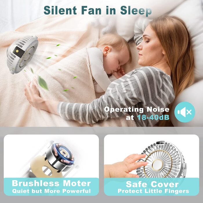 COZII Міні вентилятор на кліпсі USB, акумуляторний, тихий, 5 швидкостей, 720° оберт, 16 см, для дому, офісу, подорожей (білий)