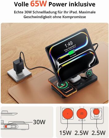 Зарядна станція GEEKERA 4-в-1 для Apple: магнітне індуктивне зарядне для iPhone, iPad, Apple Watch та AirPods, вбудований кабель, металевий чорний