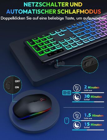 Бездротова клавіатура та миша з підсвічуванням, USB-C, тиха, для Mac/Windows/PC/Laptop, QWERTY (Чорний)