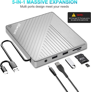 Зовнішній CD/DVD привід USB 3.0 Type-C з картридером SD/TF, портативний RW-записувач для ноутбука, ПК, MacBook (Windows, macOS, Linux), сірий