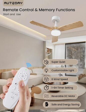 Стеляний вентилятор Holz з підсвіткою, тихий DC-двигун, 90 см, для вулиці, 3 дерев'яних лопаті, диммування LED 24W, пульт з пам'яттю, 6 швидкостей, таймер (світла текстура дерева, 75 см)