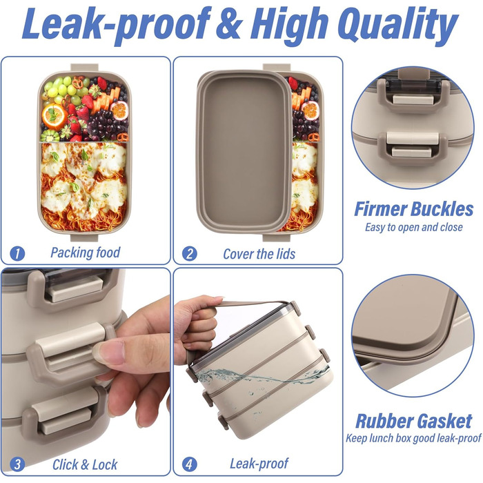 Ланчбокс Brotdose 3-х ярусний на 2200 мл з посудом, для дорослих, без BPA, підходить для мікрохвильової печі, бежевий