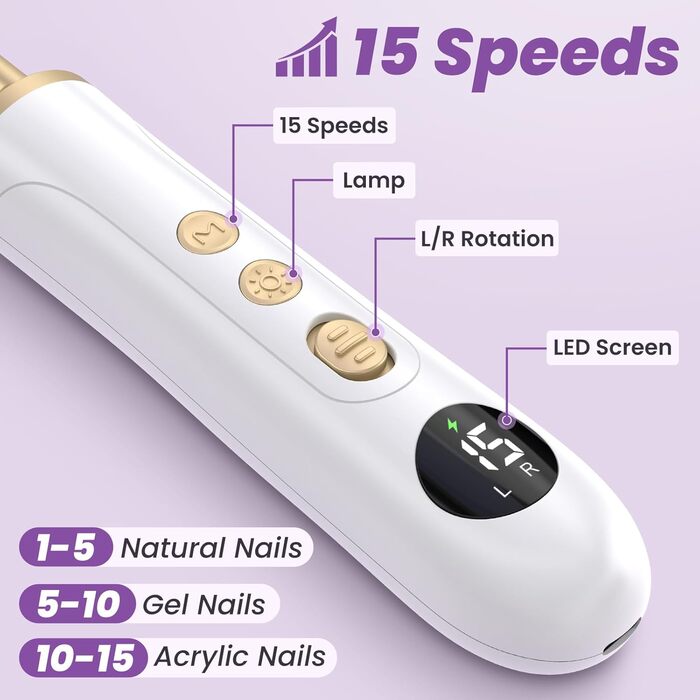 Електричний набір для манікюру та педикюру з 9 насадками та 15 рівнями швидкості, LED-підсвічуванням (W-Gold)