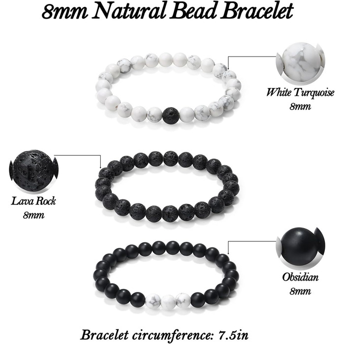 Чоловічі браслети з натурального каміння: тигрове око, лава, онікс, бірюза. Набір 3-4 шт.