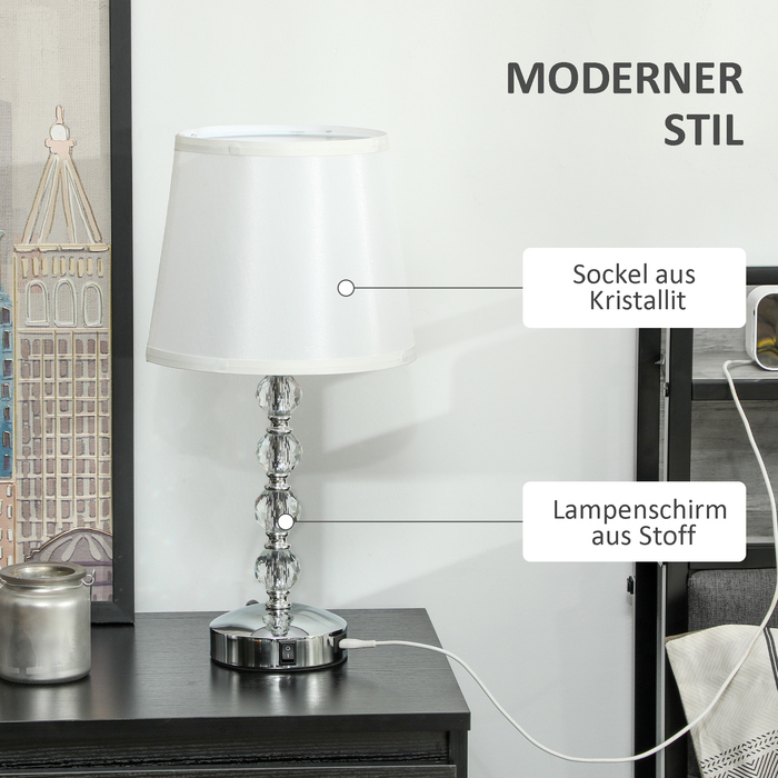 HOMCOM Table Lamp LED Desk Lamp USB Rechargeable, Crystal Nightstand Lamp, Lamp Base E27, for Living Room Bedroom, Glass, Silver 23 x 23 x 45 cm | Aosom