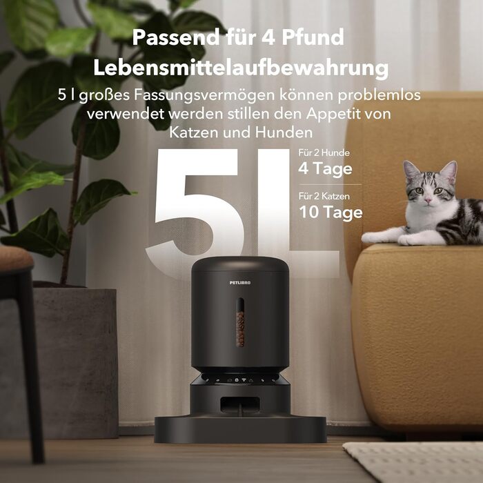 Автоматичний дозатор корму для котів та собак PETLIBRO 5L з Wi-Fi, сенсором низького рівня корму та керуванням через додаток