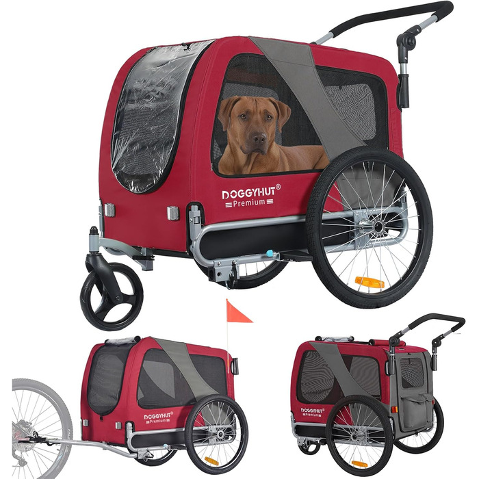 DOGGYHUT® Преміум великий велосипедний причіп для собак 2 в 1 / візок-бігунок для собак / великий причіп для собак, 270 л, до 35 кг (червоний / чорний)