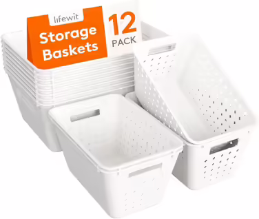 Lifewit 12-Piece Plastic Storage Basket Set, Stackable Storage Containers for Organizing, Multi-Size Open Bins for Shelves/Kitchen/Bathroom/Office/Closet, 8 Large and 4 Small Size, Black and White 12