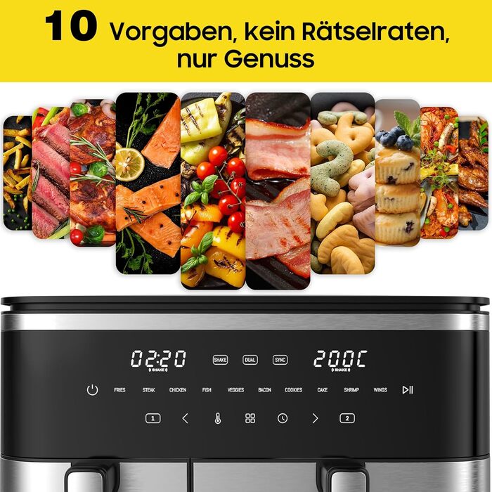 Фритюрниця повітряна подвійна 11л Airfryer, XXL фритюрниця з 2 кошиками, 7л/4л, для основного та гарніру одночасно, 2600W, 10 програм, сенсорний екран, нагадування про струшування