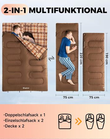 Спальний мішок KingCamp для 2 осіб з фланелі, зимовий, теплий, 3-4 сезони, з 2 подушками, для кемпінгу, подорожей та активного відпочинку на природі
