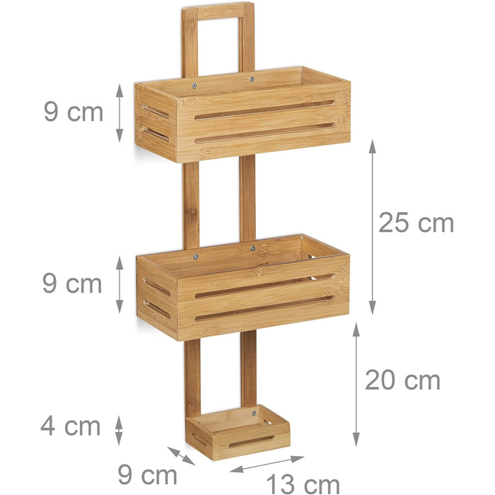 Relaxdays Shower Shelf Bamboo H x W x D: 65 x 28 x 15.5 cm Shower shelf made of wood as a hanging shelf for the shower with 3 shelves, shower basket as a bathroom shelf for hanging and a rust-free bathroom cabinet and shelf, natural