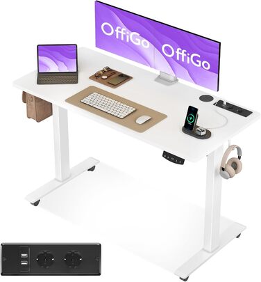 OffiGo Electric Standing Desk with USB Ports - Adjustable Height Desk, Memory Function, 160cm Width, White - Office & Home Desk