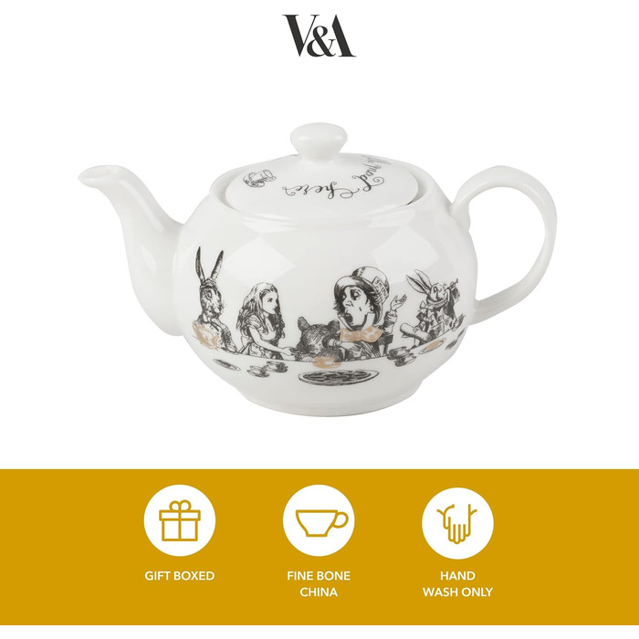 V&A Alice in Wonderland Teapot, pitcher for serving tea, water jug, pot with lid, intricately painted ceramic design, 450 ml, white