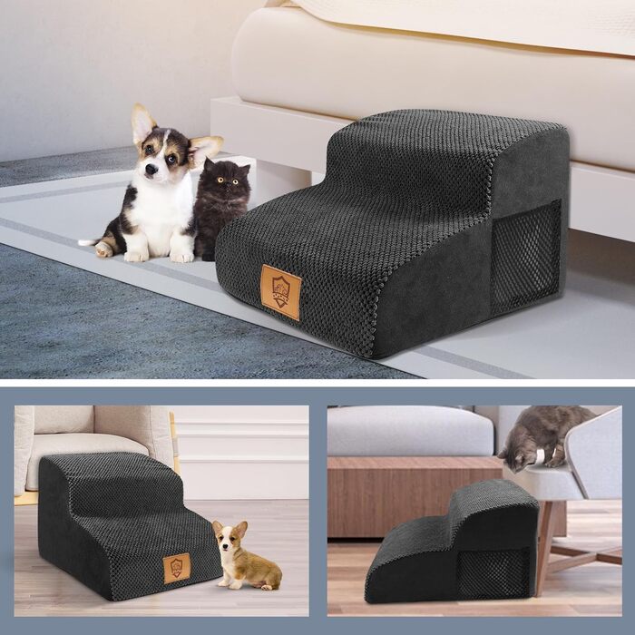 2-Step Dog Stairs, 40cm Cat Stairs with Washable Cover, Dog Stairs for Small Dogs, Pet Stairs for Dogs and Cats, Cat Stairs for Senior Cats, Black