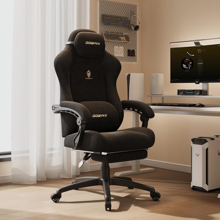 Ігровий крісло Dowinx з кишеньковим пружинним блоком, ергономічне, з масажем, з підголівником та підніжкою, для ігор та офісу (Чорний, Титан)