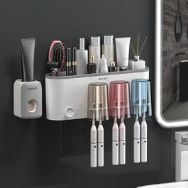 Drill-free toothbrush holder, wall-mounted, bathroom shelf with 1 automatic toothpaste dispenser, 6 brush hooks, 1 cosmetic drawer, organizer, and ample storage space (1 dispenser + 3 cups)