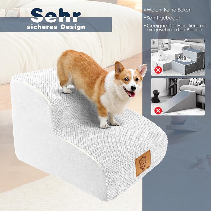 2-Step Dog Stairs, 40cm Cat Stairs with Washable Cover, Dog Stairs for Small Dogs, Pet Stairs for Dogs and Cats, Cat Stairs for Senior Cats, Black (2-Step White Dog Stairs)