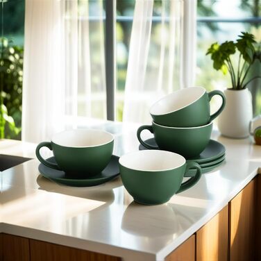 Набір кавових чашок Капучіно Yundu 4шт по 300мл - керамічні чашки з блюдцями, матові темно-зелені відтінки для лате-арту та бариста, великий набір мока чашок та блюдець