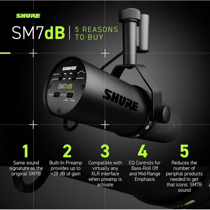 Мікрофон Shure SM7dB - динамічний вокальний мікрофон для радіо, подкастів та запису, XLR, теплий звук