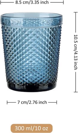 Joeyan 300ml Blue Drinking Glasses Set of 6, Colorful Water Glasses Set with Diamond Relief, Vintage Glasses Set for Home Restaurant Bar, Dishwasher Safe