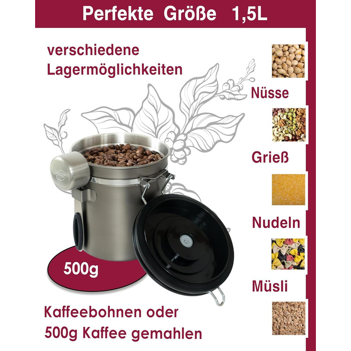 Контейнер для кави 500г з нержавіючої сталі з дозатором та календарем, 1,5L, Gun Metal