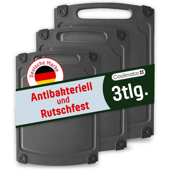 Набір кухонних дощок Coolinato з пластику сірого кольору (3 шт.) S/M/L – антибактеріальні, з жолобом для соку, неслизькі, з ручкою. 3 розміри для гігієнічного розділення. Набори кухонних дощок сірого кольору, розміри S, M та L, придатні для миття в посудо