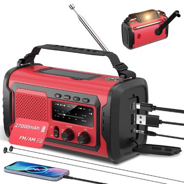 Радіо на сонячній батареї та ручному приводі 27000mAh з Bluetooth, FM/AM, SOS сигналом, динаміком та підключенням для навушників (Армійський зелений)