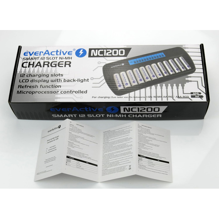 Зарядний пристрій everActive для 12 акумуляторів AAA/AA, швидка зарядка (4 години), LCD дисплей, режим оновлення, адаптер для автомобіля, модель NC-1200