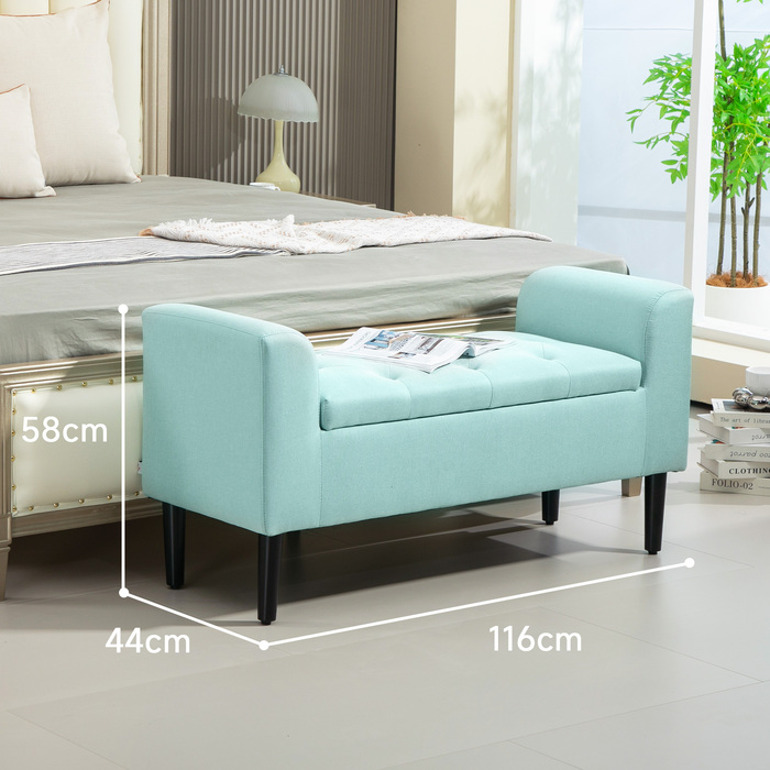 HOMCOM Storage Bench, Upholstered Bench with Linen Look, Load Capacity up to 130 kg, Storage Box, for Living Room Bedroom Hallway, 116 x 44 x 58 cm Green | Aosom