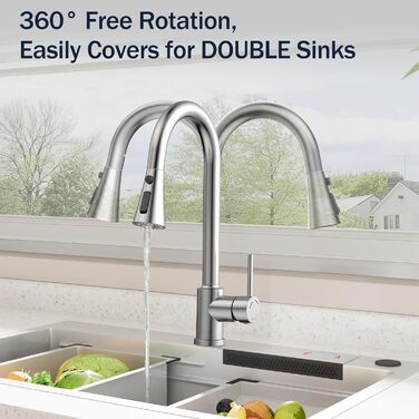Кухонний змішувач SREWOHS PRO з висувним виливом, 360° обертання, 4 режими розпилення, однорідний, високий вилив, ABS-насадка для кухонної мийки, проста установка (сучасний дизайн)