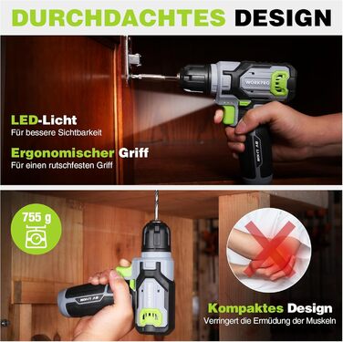 WORKPRO 8V Акумуляторний дриль-шуруповерт, комплект з кейсом, 2000 mAh, 10 мм патрон, 12 Н·м, LED, 21 шт. аксесуарів, для ремонту та DIY, сірий & зелений