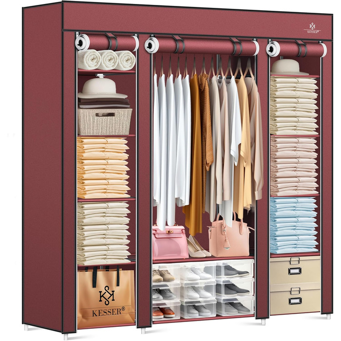 KESSER® Wardrobe Clothes Rack Stable with Clothes Rail & Shelves, Incl. 5x Clothes Hangers, Fabric Folding Wardrobe for Bedroom, Dressing Room, Clothes Rack 150x45x175cm (Burgundy Red)