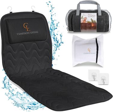 Bathtub Pillow Full Body Bath Pillow (125x43cm) - Bathtub Mat with Headrest Supports Neck, Back, and Legs - Includes Wash Bag and Travel Bag with Hanging Hooks for Quick Drying - White (Black)