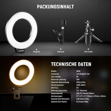 NEEWER Ring Light 5' з міні-штативом для відеоконференцій, стрімінгу та макіяжу. Комплект для монітора, веб-камери, ноутбука, смартфону. BR60