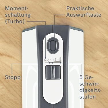 Bosch Hand Mixer Styline MFQ49700, 5 speeds, 2 stainless steel beaters and dough hooks, spiral cable, stainless steel mixing rod, 850 W, white/dark silver