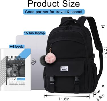 Шкільний рюкзак для підлітків: водонепроникний, з відділенням для ноутбука 15.6 дюймів, легкий, чорний