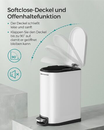 Сміттєвий кошик для ванної кімнати SONGMICS ISLAND LTB10WT, 10 л, з кришкою та системою Soft-Close, сталевий, білий
