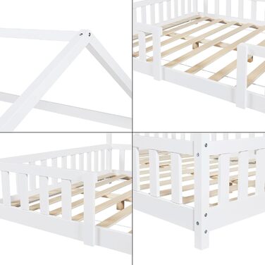 en.casa Kinderbett Sisimiut House Bed 140 x 200 cm with Side Rails, Wooden Bed for Children, Floor Bed, Slatted Frame, Pine Wood, Matt White, 140x200cm