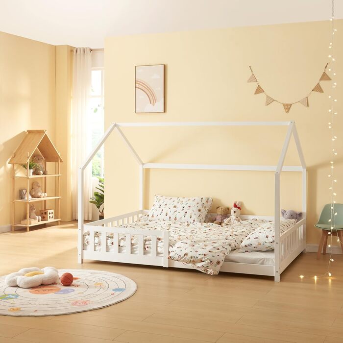 en.casa Kids Bed Hesel House Bed White 90 x 200 cm with Side Rails and Slatted Base, Floor Bed, Youth Bed, Wooden Bed