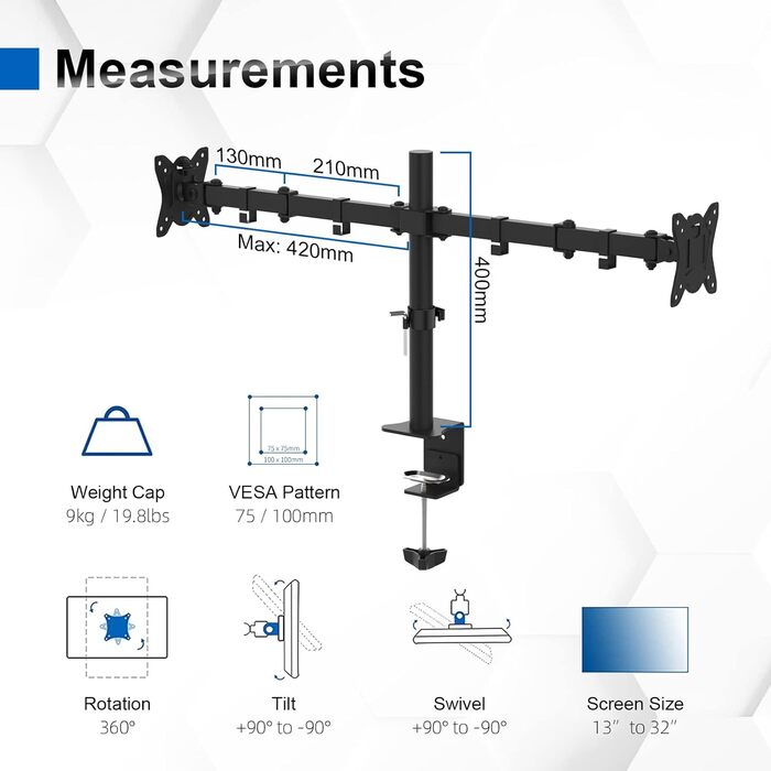Підставка для монітора GRIFEMA для 2 моніторів, 13-32 дюйми, регульована висота, поворотна, VESA 75x75/100x100, до 9 кг